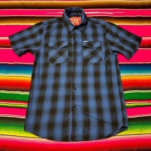 DIXXON Shirt Mens Size S City Gardens Bamboo Short Sleeve Snap Blue Black Plaid